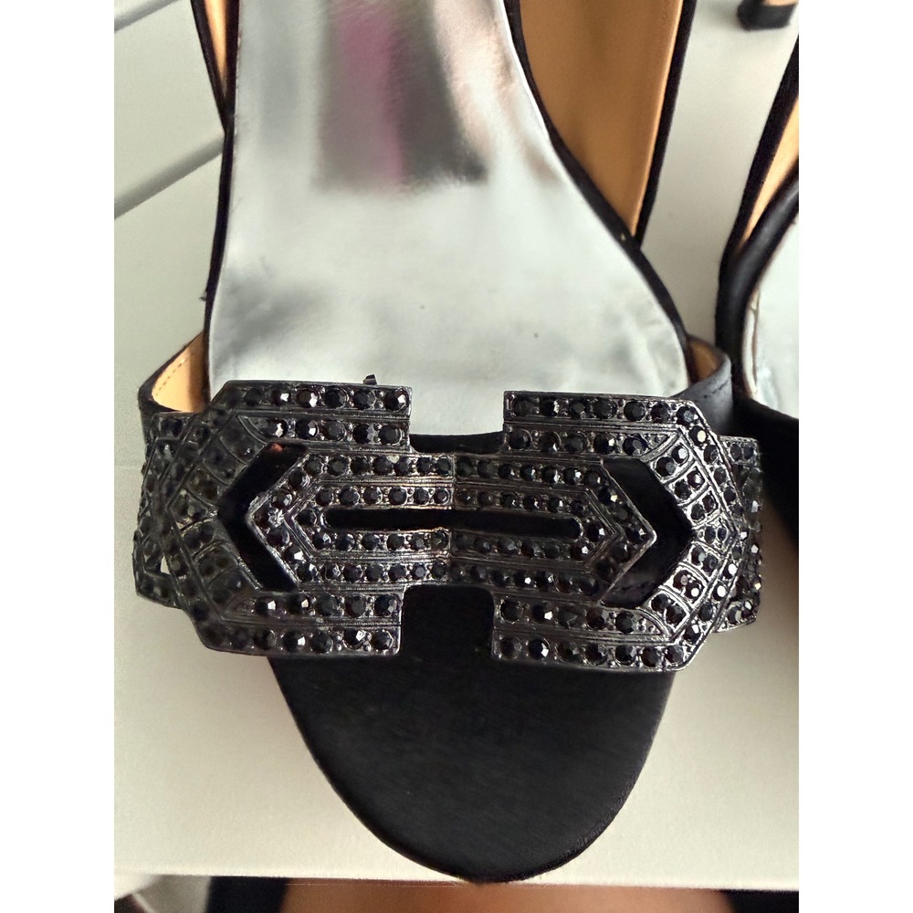Badgley Mischka Black Satin Crystal Embellished Open Toe Pumps Heels Womens 7M - Picture 8 of 10